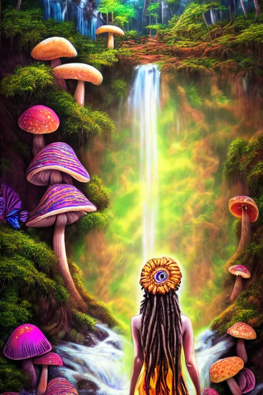 Prompt: a realistic portrait of a beautiful dreadlocked indian mushroom goddess, standing inside a waterfall, in an enchanted psychedelic mushroom forest, butterflies, sunbeams at sunset, wlop