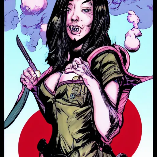 Prompt: precisely drawn illustration of Ying Nan blended with Alyson Hannigan, wide angle, sharp, fine details, French comic style, vibrant realistic colors, full color, heroic fantasy, intense line art, 8k, precise linework, realistic, in the style of Heavy Metal Comics and Richard Corben and Moebius