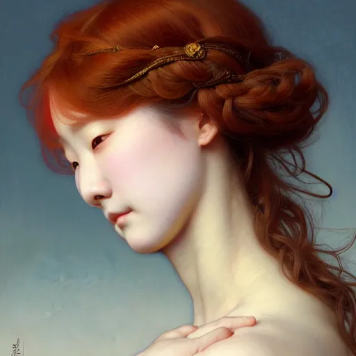 Prompt: Masterpiece head and shoulder portrait of young korean female idol drawn by Donato Giancola and Tom Bagshaw, face by Artgerm and Edmund Leighton, Alphonse Mucha, background by James Jean and Gustav Klimt, 4k, porcelain skin, komorebi, french nouveau, trending on artstation, octane render, hyperrealistic