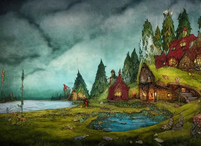 Prompt: a fantasy landscape with houses around a big lake, lowbrow in the style of alexander jansson and john bauer,