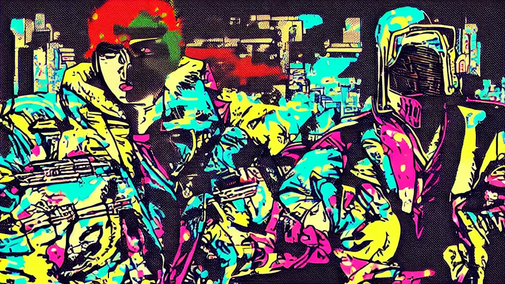 Image similar to hotline miami futuristic japanese cyberpunk by roy lichtenstein, by andy warhol, ben - day dots, pop art, bladerunner, pixiv contest winner, cyberpunk style, cyberpunk color scheme, mechanical, high resolution, hd, intricate detail, fine detail, 8 k