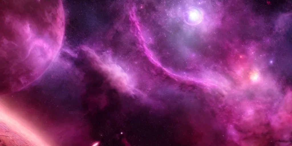 Image similar to magnificent photography of a planet with a nebula in deep space landscape, pink and purple chaotic clouds, stars, unreal engine render, nasa, artstation, deviantart, 8 k