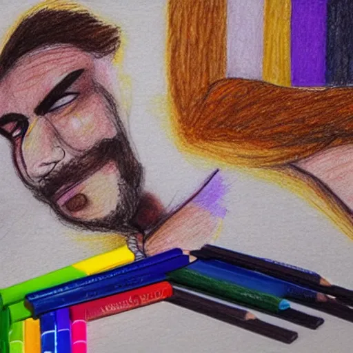 Prompt: exhausted man surrounded by colored pencils and papers