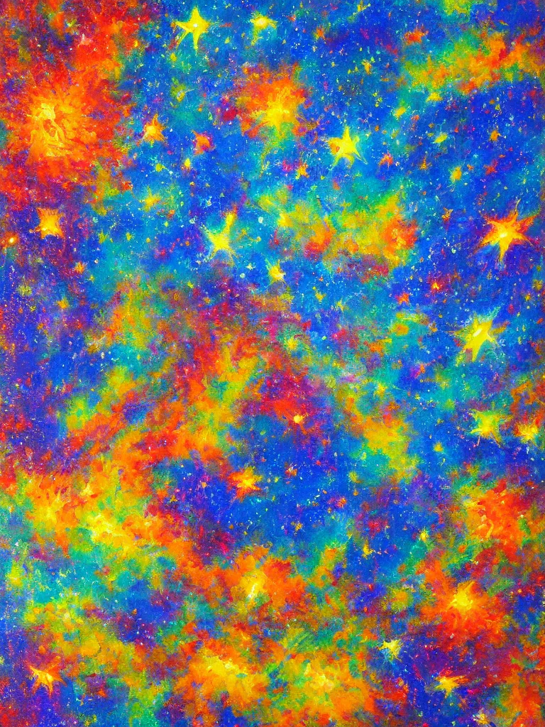 Image similar to an impasto oil painting of the universe expanting infinite with bright colors and shooting stars