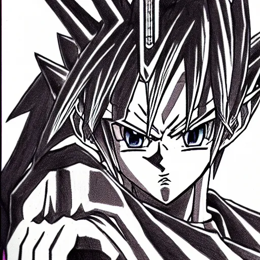 Image similar to portrait anime, manga drawing of yugi muto battles sauron, yu - gi - oh art