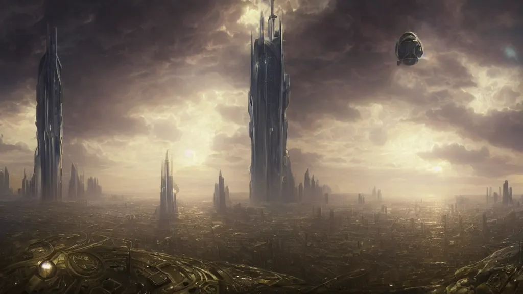 Prompt: two aliens look down on the alien landscape, a promontory, a futuristic city below with glass skyscrapers and giant towers, ominous, spaceships flying around, cinematic lighting, cinematic, concept art, 4 k, detailed, by alphone mucha, greg rutkowski, james gurney