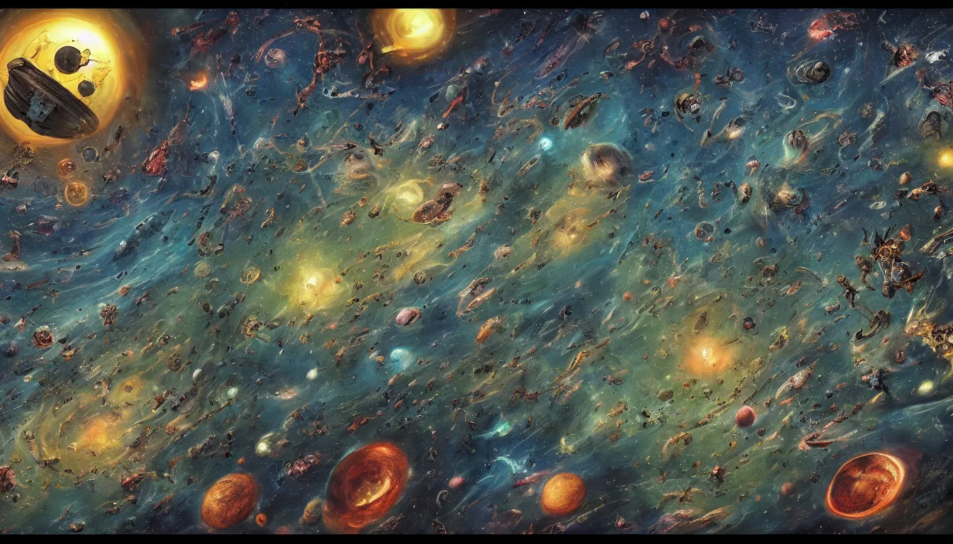 Image similar to an epic fantastic realism comic book style painting of a map of the universe, as drawn by a race of alien monks over a thousand centuries, 8 k, ultra realistic, lens flare, atmosphere, glow, detailed, intricate, full of colour, cinematic lighting, trending on artstation, 4 k, hyperrealistic, focused, extreme details, unreal engine 5, cinematic, masterpiece