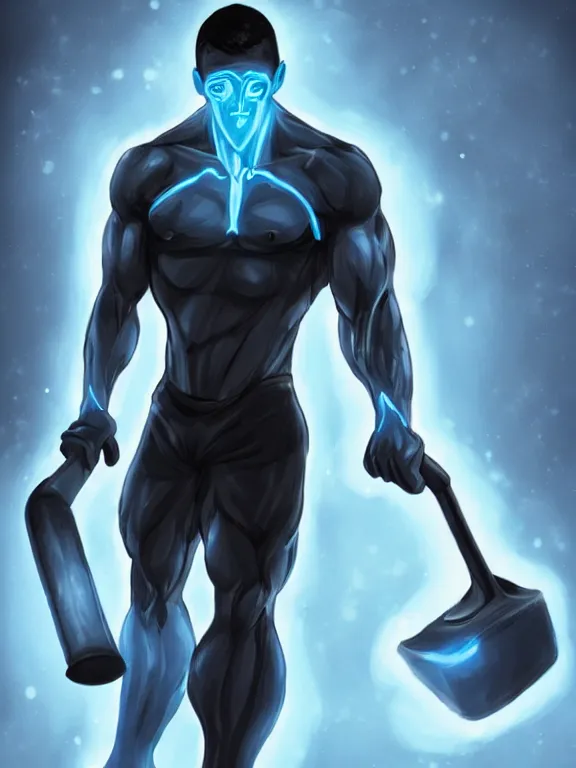 Image similar to portrait art of a muscular man with light blue skin and glowing eyes, wearing a dark blue outfit with now sleeves, fingerless gloves, black shoes. He is carrying a large shovel!!!!!!. around his neck is a glowing light blue vial, 8k ultra realistic , lens flare, atmosphere, glow, detailed, intricate, full of colour, cinematic lighting, trending on artstation, 4k, hyperrealistic, focused, extreme details, unreal engine 5, cinematic, masterpiece