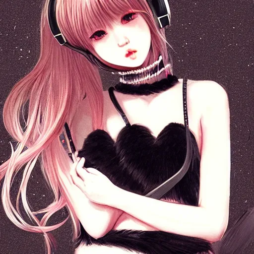 Image similar to realistic beautiful gorgeous curvy natural cute Blackpink Lalisa Manoban black hair cute fur black cat ears, wearing white camisole, headphones, black leather choker artwork drawn full HD 4K highest quality in artstyle by professional artists WLOP, Taejune Kim, Guweiz on Pixiv Artstation