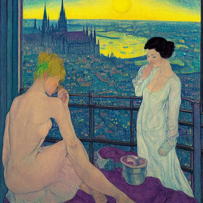 Prompt: close portrait of woman in transparent vaporous night gown washing her feet with cat and aloe vera, with city with gothic cathedral seen from a window frame with curtains. sun setting through the clouds, vivid iridescent psychedelic colors. agnes pelton, egon schiele, munch, henri de toulouse - lautrec, utamaro, monet