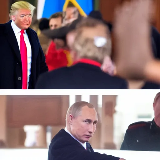 Image similar to donald trump getting searched by putin, nuclear codes, florida man