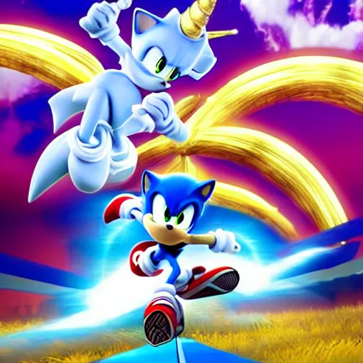 Image similar to sonic the hedgehog, running on a cloud, with a unicorn on his head