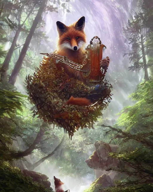 Prompt: Fox, Anthropomorphized, playing harp in magical green forest, D&D, fantasy, cinematic lighting, centered, symmetrical, highly detailed, digital painting, artstation, concept art, smooth, sharp focus, illustration, magic the gathering artwork, volumetric lighting, epic Composition, 8k, art by Akihiko Yoshida and Greg Rutkowski and Craig Mullins, heroic pose, oil painting, cgsociety