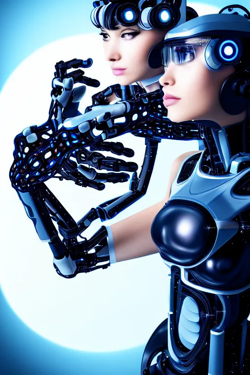 Image similar to cybernetic high tech catgirl with a cybercat on her head, sci - fi, cyberpunk, futurism, exoskeleton, strong artificial intelligence, symmetry, cinematic, elegant, luxury, professional studio light, perfect composition, dlsr photography, sharp focus, 8 k, ultra hd, sense of awe, highly detailed, hyper realistic, intricate, science journal cover