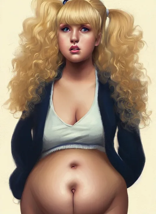 Image similar to full body teenage betty cooper, blonde hair, obese, bangs, ponytail, sultry, realistic, sultry smirk, ponytail, fluffy bangs, curly bangs, fat, belly, beautiful girl, intricate, elegant, highly detailed, digital painting, artstation, concept art, smooth, sharp focus, illustration, art by wlop, mars ravelo and greg rutkowski