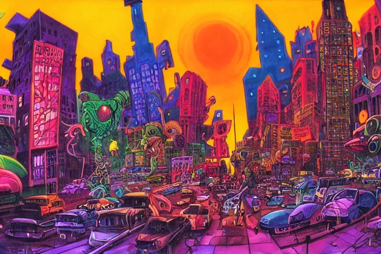 Image similar to surreal colorful nightmarish cityscape, artwork by ralph bakshi