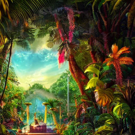 Prompt: a jungle temple surrounded by giant beautiful tropical flowers, photography, golden hour, bokeh, gamma, 8 k, full - hd, volumetric light, artstation, by bob byerley