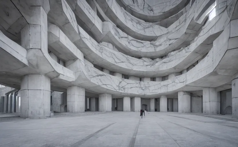 Image similar to futuristic concrete monastery, the monastery is on top of a black snowy mountain, the concrete monastery has walkways, skybridges, stairways, white marble statues on pedestals in the background, depth of field, sharp focus, clear focus, beautiful, award winning architecture, hopeful, quiet, calm, serene