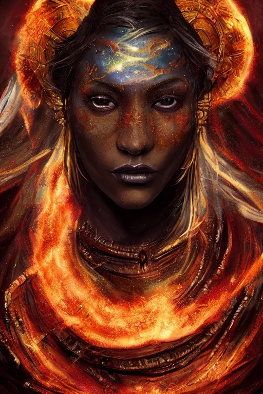 Prompt: fantasy character concept portrait, digital painting, wallpaper of the seer of night, cosmic colors, with skin of obsidian, with veins of magma and gold, renaissance nimbus overhead, by aleksi briclot, by laura zalenga, by alexander holllow fedosav, 8 k dop dof hdr, vibrant