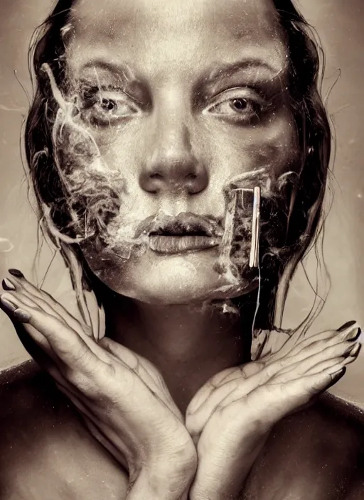 Prompt: expressive potrait photo of sad tired woman smoking, glamour shot, by jenny saville, by stefan gesell, photorealistic, canon r 3, fashion photography, hyper maximalist, elegant, ornate, luxury, elite, environmental portrait, symmetrical features, octane render, unreal engine, solid dark grey background, dramatic lights