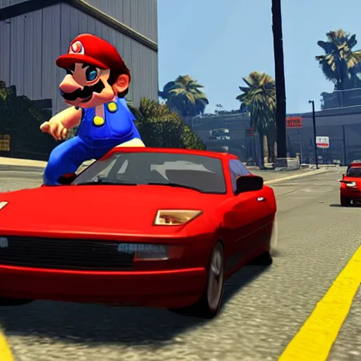 Prompt: a screenshot of GTA V with mario driving a car