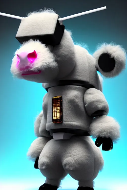 Prompt: high quality 3 d render very cute fluffy! cyborg cow! plays guitar, cyberpunk highly detailed, unreal engine cinematic smooth, in the style of blade runner & detective pikachu, hannah yata charlie immer, moody light, low angle, uhd 8 k, sharp focus