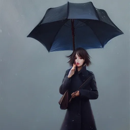 Image similar to A ultradetailed beautiful portrait panting of a stylish girl with an umbrella, rainy day, Oil painting, by Ilya Kuvshinov, Greg Rutkowski and Makoto Shinkai