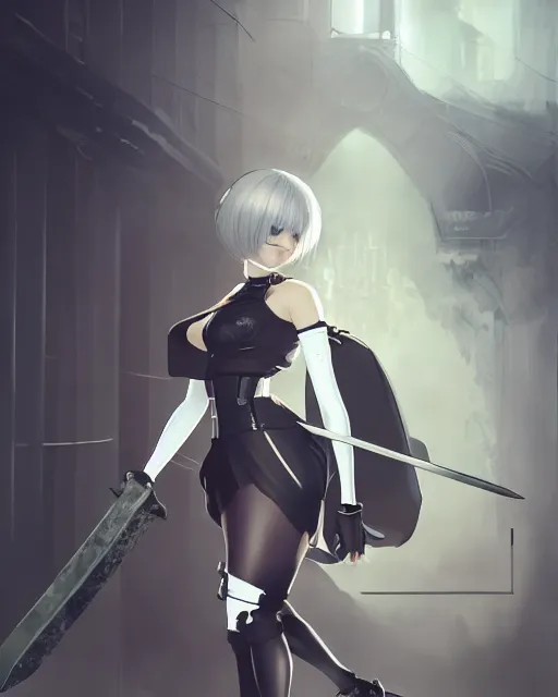 Prompt: 2B from Nier Automata and with slender body type with long hair standing in front of a large building holding a sword, cartoon illustration, trending in artstation, artstationHD, artstationHQ, 8k