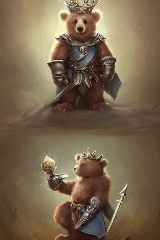 Image similar to cute little anthropomorphic bear knight wearing a cape and a crown, tiny, small, miniature bear, baby animal, short, pale blue armor, cute and adorable, pretty, beautiful, DnD character art portrait, matte fantasy painting, DeviantArt Artstation, by Jason Felix by Steve Argyle by Tyler Jacobson by Peter Mohrbacher, cinematic lighting