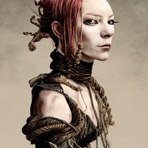 Image similar to portrait of a Shibari rope wrapped face and neck, headshot, insanely nice professional hair style, dramatic hair color, digital painting, of a old 17th century, old cyborg merchant, amber jewels, baroque, ornate clothing, scifi, realistic, hyperdetailed, chiaroscuro, concept art, art by Franz Hals and Jon Foster and Ayami Kojima and Amano and Karol Bak,