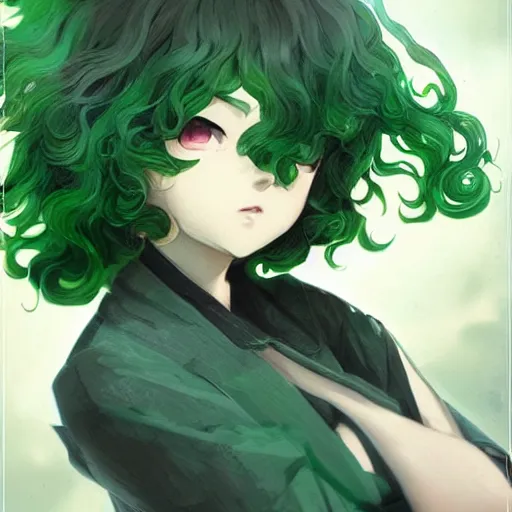 Prompt: detailed portrait art of tatsumaki with green curly hair, art by ross tran ilya kuvshinov krenz cushart, very detailed, intricate, digital anime art, sharp focus