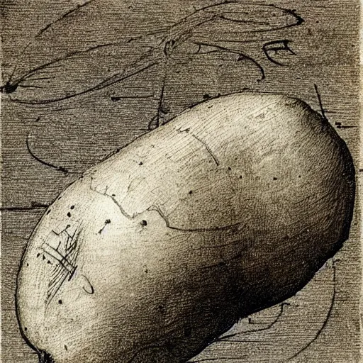 Prompt: detailed mechanical diagram of a potato, high quality sketch by leonardo da vinci,