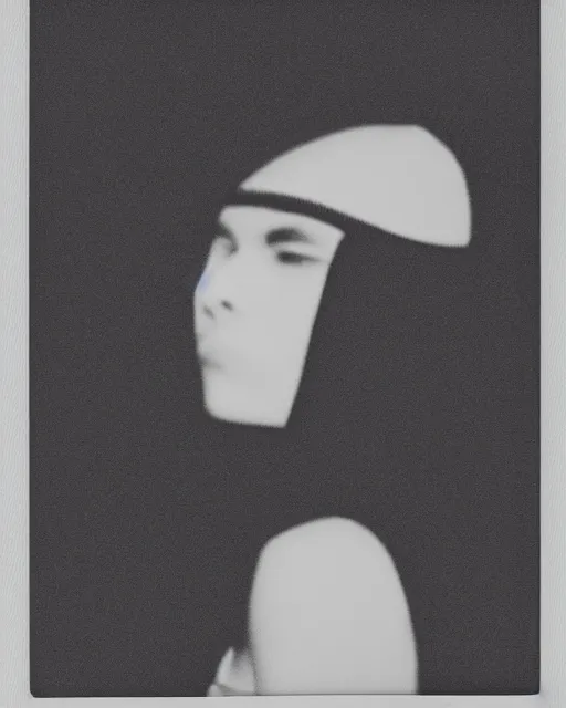 Image similar to photorealism, polaroid, black and white, female silhouette, correct facial features, black veil, noise, out of focus, long exposure