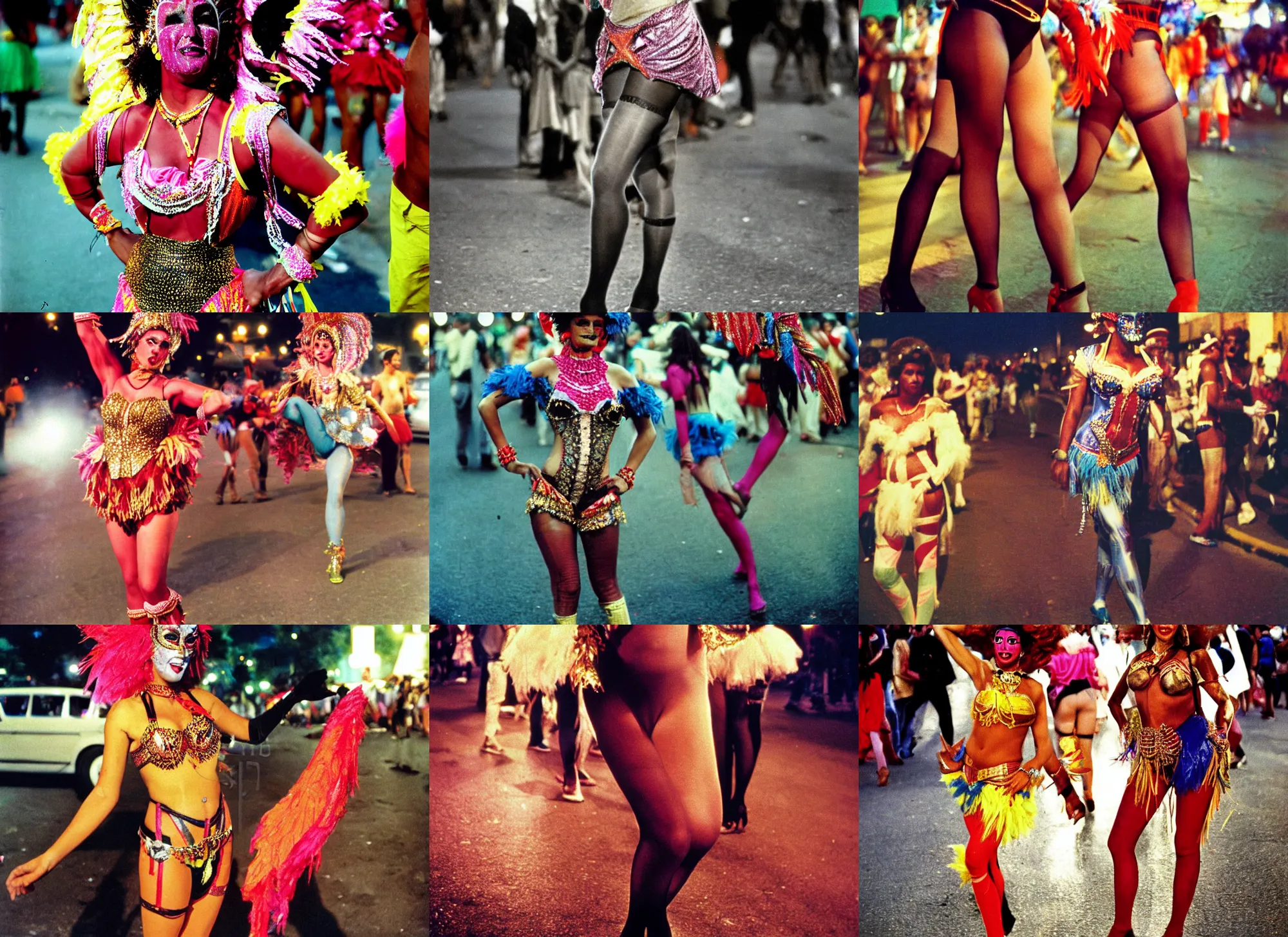 Prompt: color photograph portrait of a beautiful woman in costume, street, at the brazilians carnival, tights, people, night, summer, dramatic lighting, 1 9 9 0 photo from live magazine.