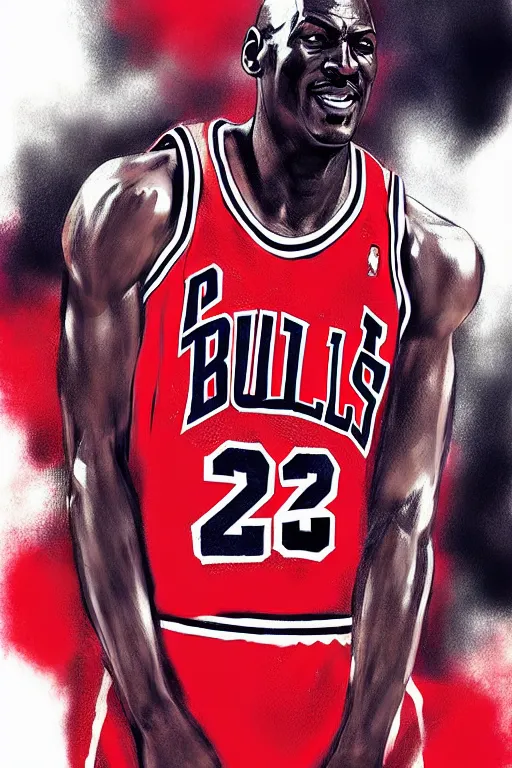 Image similar to michael jordan, manga cover art, detailed color portrait, artstation trending, 8 k, greg rutkowski