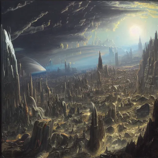 Image similar to A vast planetary sci fi city by Ansel Adams and Bernardo Bellotto, oil on canvas, artstation, dramatic scenery, masterpiece, aesthetic