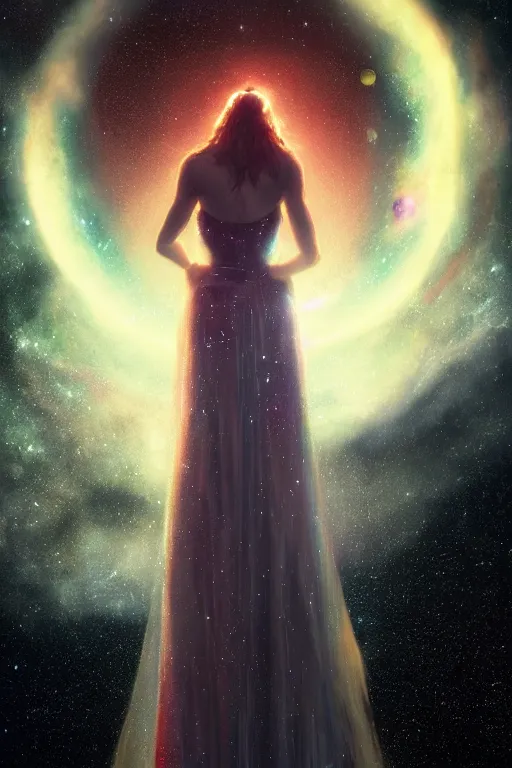 Image similar to a woman, wearing a dress made of stars and nebulae, dramatic, volumetric lighting, planets in the background, smooth, sharp focus, very detailed, by greg rutkowski, artstation, tom badshaw, 8 k, symmetrical face