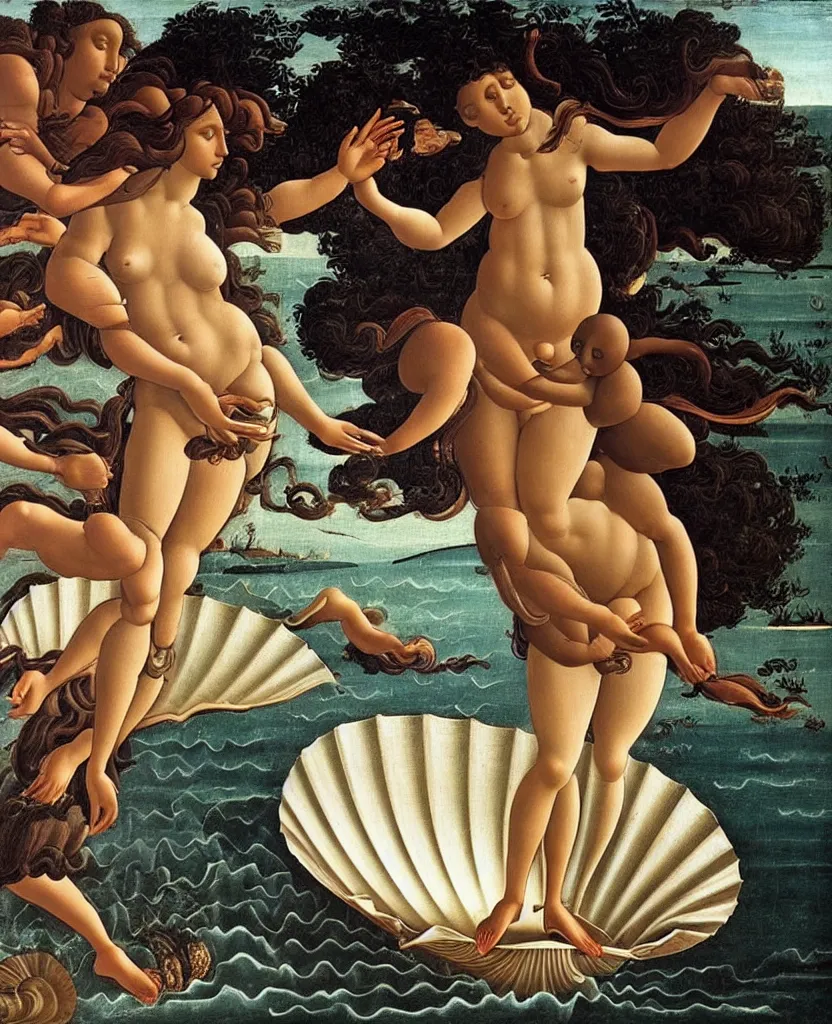 Prompt: Botticelli The birth of Venus as a pretty African Black woman with an afro and black skin rising from the sea on a shell, accurate face