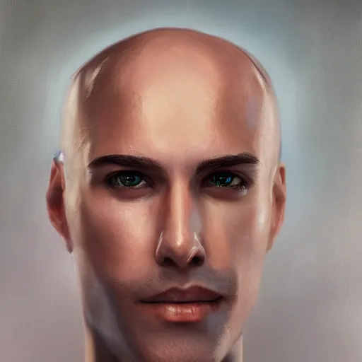 Prompt: a head - on detailed oil portrait of a young handsome round - faced smiling bald man, by charlie bowater, lise deharme, wlop, trending on artstation, dungeon and dragons art, critical role