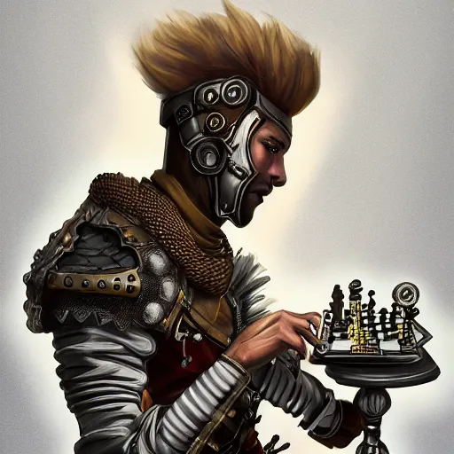 Prompt: knight with mowhawk playing chess, steampunk, high detail, digital art, smooth, featured on artstation