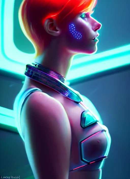 Image similar to an extremely beautiful ginger female humanoid with freckled cheeks, cyber neon lighting, by loish, d & d, fantasy, futurism, cyberpunk fashion clothes, elegant profile posing, perfect anatomy, hyper photorealistic, digital photography, artstation, pinterest, concept art, art by pascal blanche and greg rutkowski,