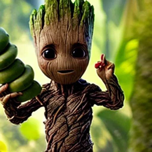 Image similar to baby groot eating banana on island in jungle