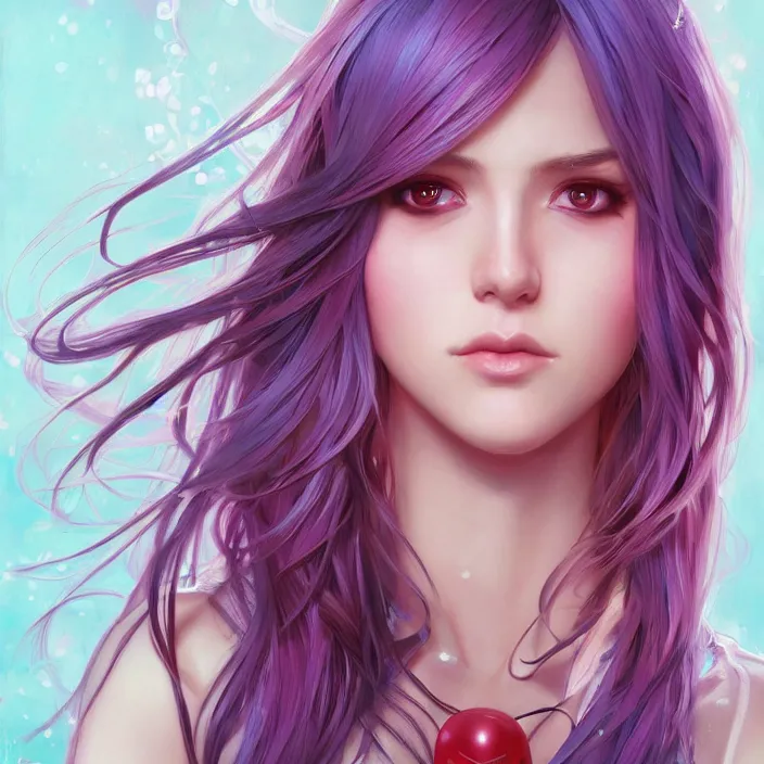 Image similar to portrait of beautiful symmetrical anime girl, rainbow hair, attractive, casual, modern, victoria's secret, highly detailed, digital painting, artstation, concept art, smooth, sharp focus, illustration, art by artgerm, greg rutkowski and alphonse mucha, 8 k,