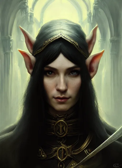 Prompt: portrait of an elf thief with long black hair, elven character with smirk, detailed realism face in painting, detailed beautiful portrait, oil painting masterpiece, fantasy artwork, 8 k resolution, smooth, sharp focus, trending on artstation, by rembrandt, by greg rutkowski