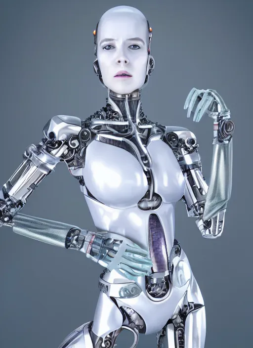 Image similar to photorealistic detailed full body picture of a female cyborg, pretty face with arms and legs, glamour pose, neon lights, white suit, humanoid, extreme, uhdr, book called the most influental cyborg in 2 0 5 0, fine details, highly detailed, intricate, smooth sharp focus
