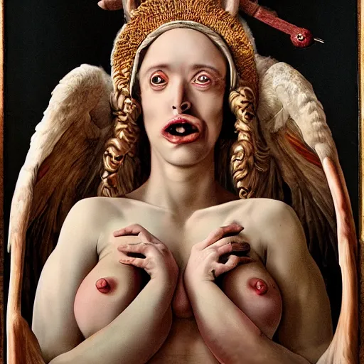 Prompt: the blasphemous caricature of the female body, hyperealistic detailed photography, divinity, awful, religious art