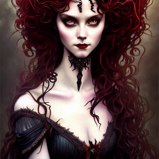 Image similar to a dark gothic version of Princess Merida, face, fantasy, intricate, elegant, highly detailed, digital painting, artstation, concept art, smooth, sharp focus, illustration, art by Gerald Brom and Tim Burton and Artem Demura and alphonse mucha