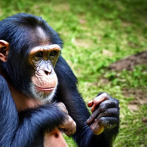 Image similar to chimpanzee grooming human, chimpanzee picking lice out of person's hair, photograph