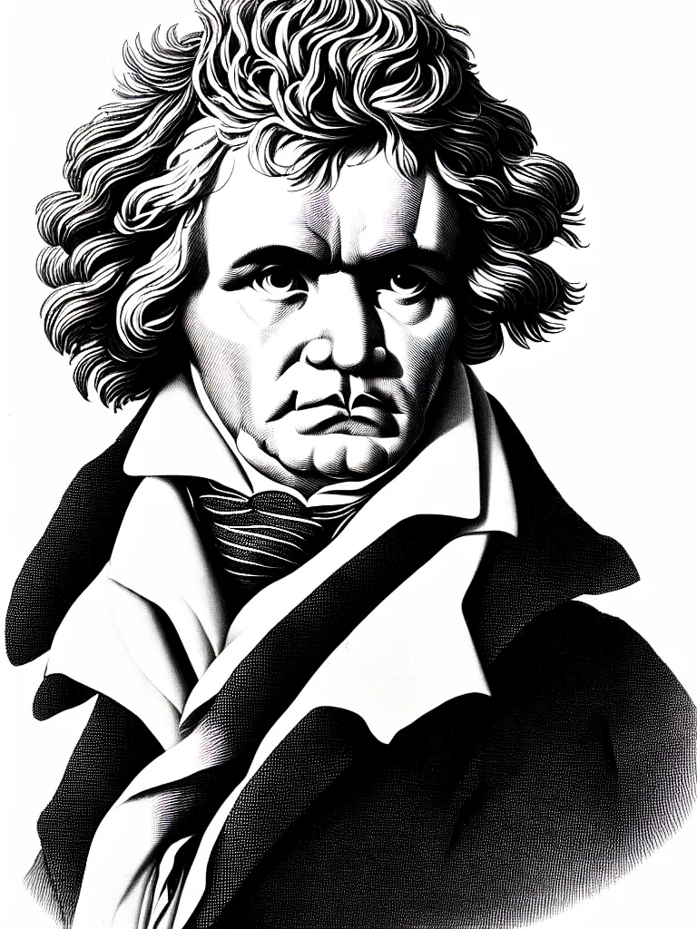 Prompt: a single line art portrait of writer beethoven.