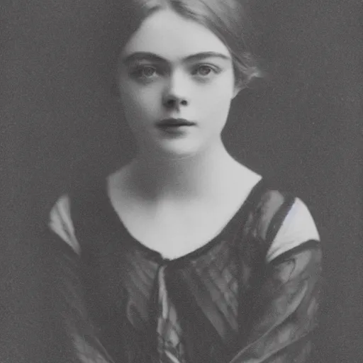 Image similar to Headshot edwardian photograph of Elle Fanning, 1910s, 1900s, 1920s, grainy, victorian, detailed, by Eveleen Myers